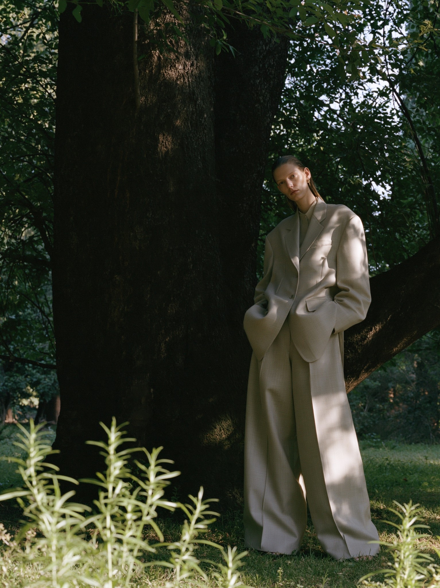 High-end fashion editorial campaign photograph inspired by Loewe Jil...