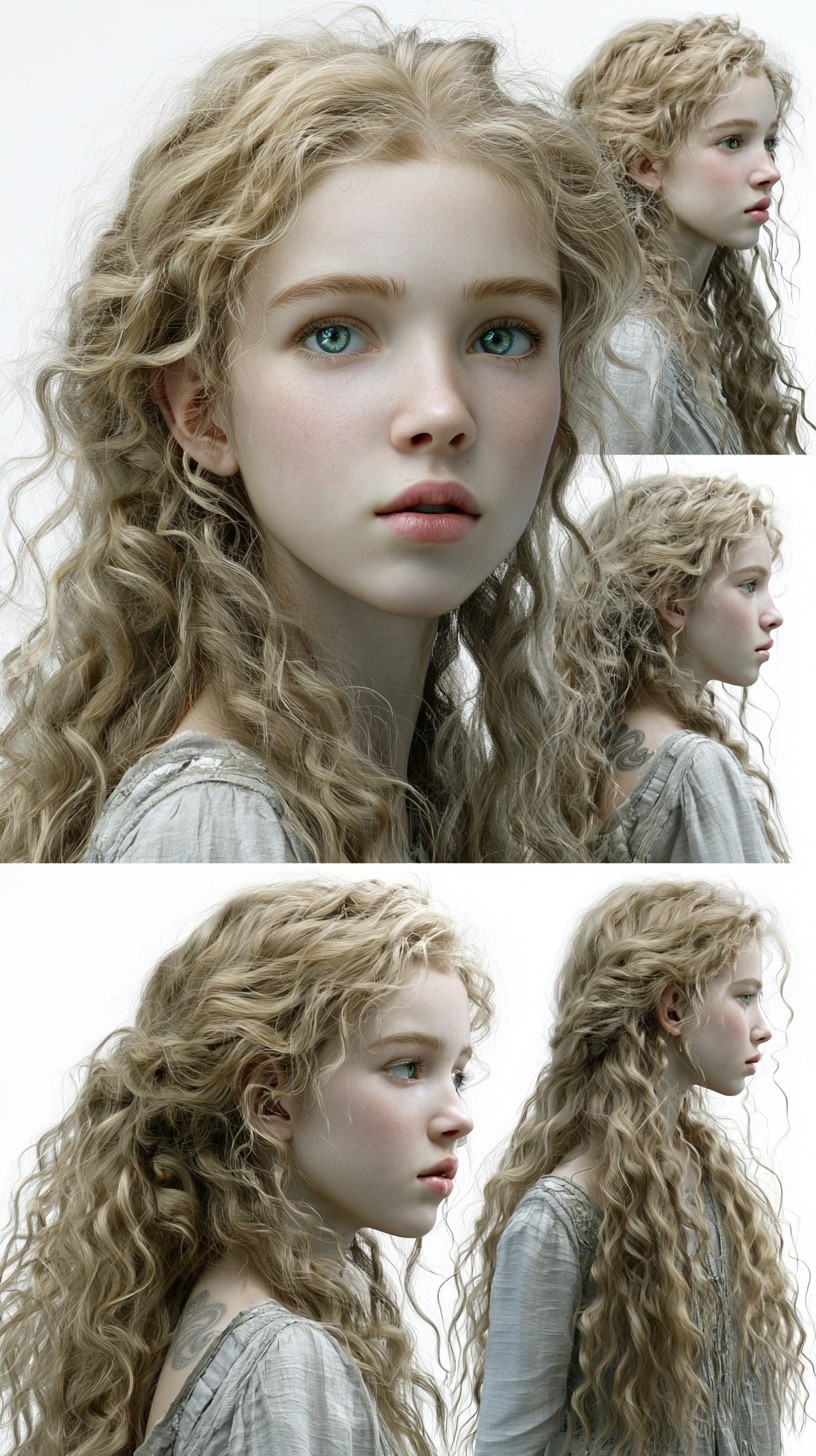 Character reference sheet multiple views on pure white background...