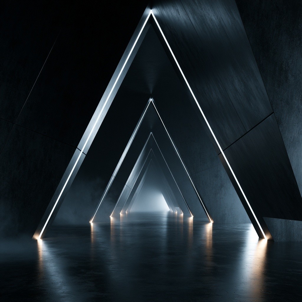 ultra-minimal dark futuristic triangular spaceship corridor perfectly symmetrical one-point...