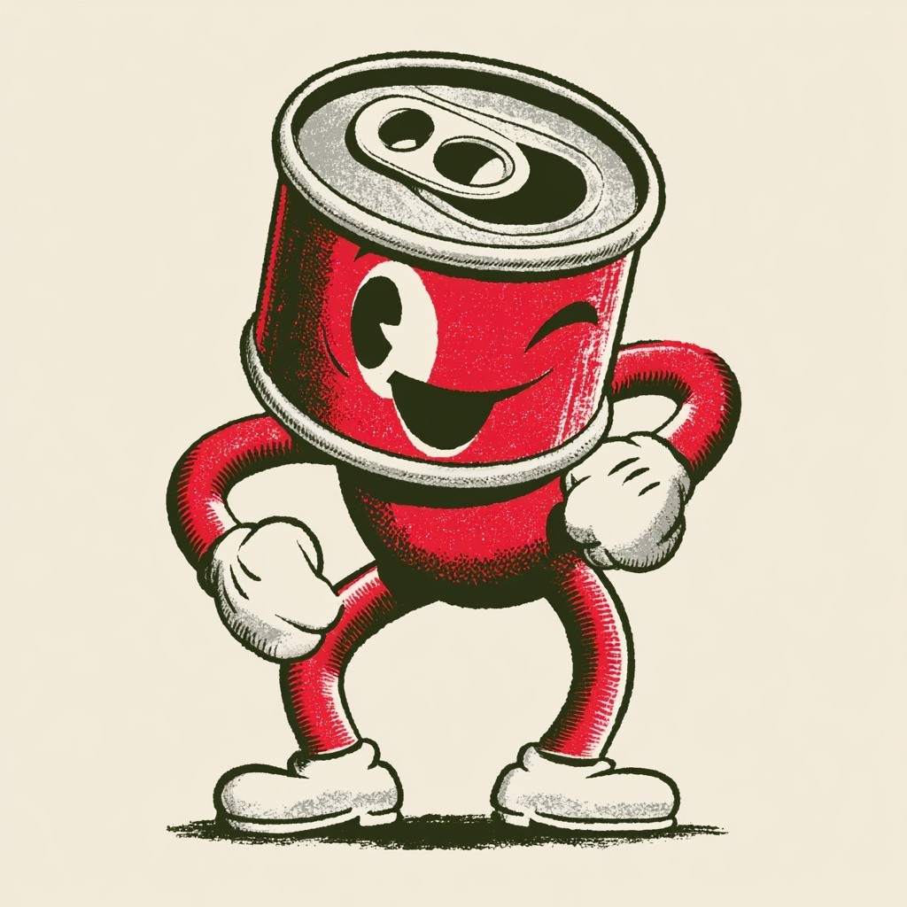 retro mascot logo 1950s advertising style an aluminum can...