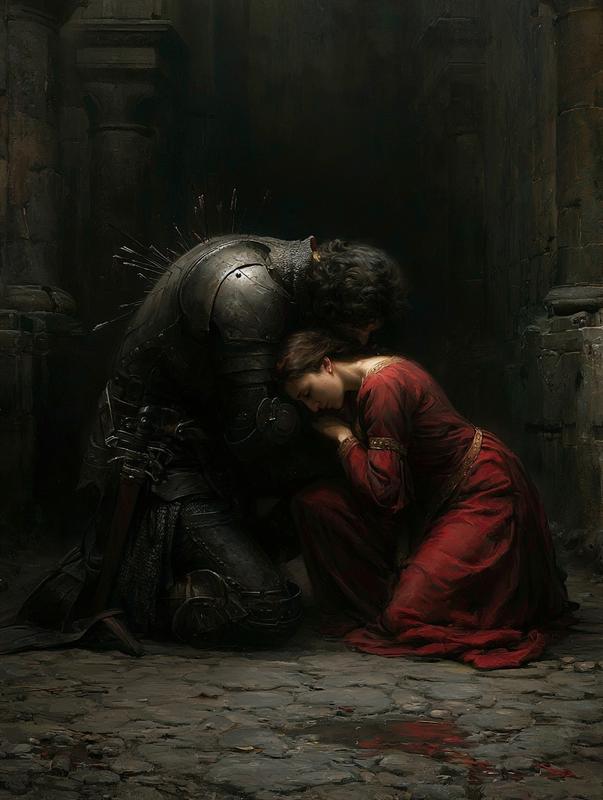 cavaliere accasciato in ginocchio con la schiena piena di...