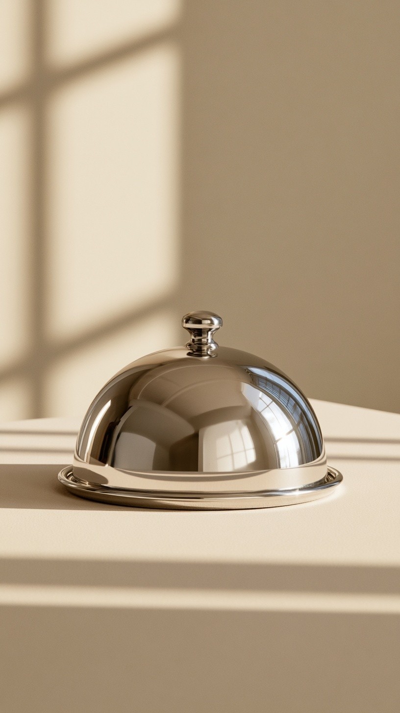a single luxurious polished silver serving cloche dome perfectly...