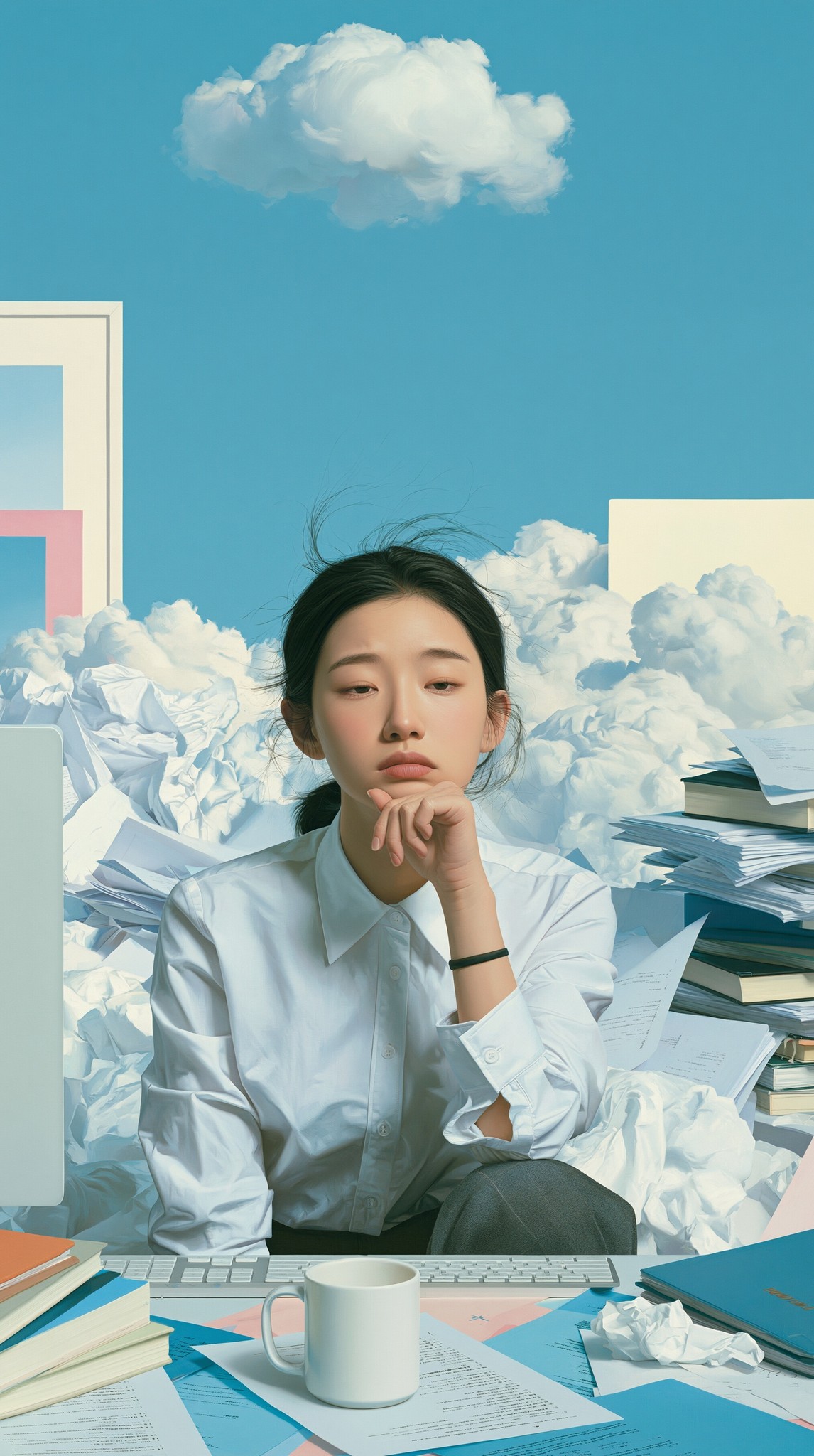 a young Chinese lady frowning and daydreaming in front...