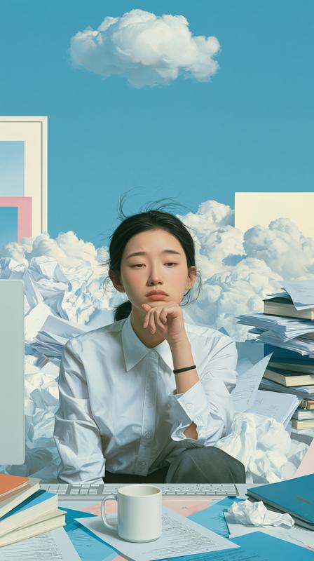 a young Chinese lady frowning and daydreaming in front...