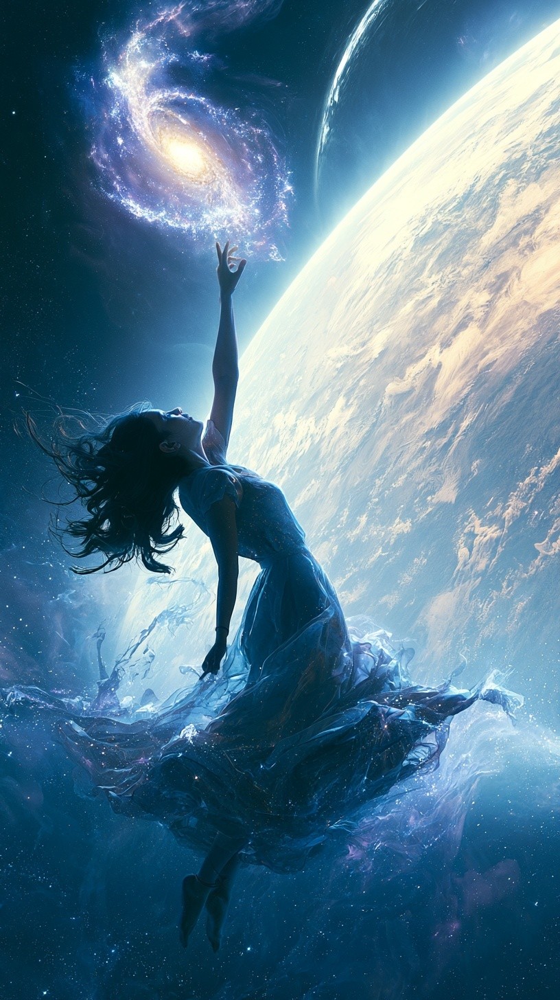 Cinematic photorealistic scene of a young woman floating weightlessly...