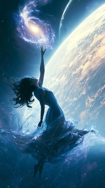 Cinematic photorealistic scene of a young woman floating weightlessly...