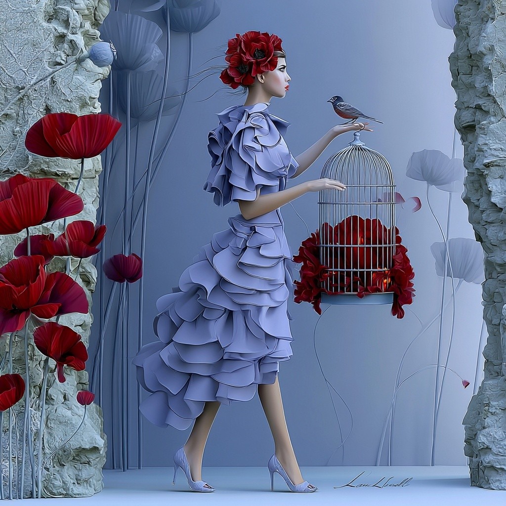 Style surréaliste She holds the cage where embers glow...