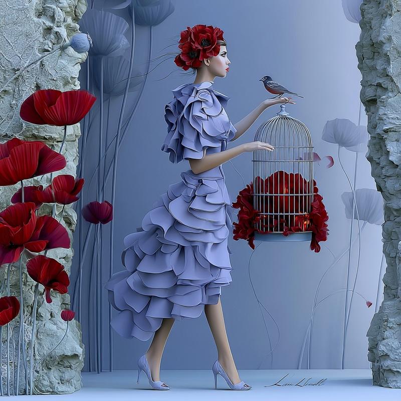 Style surréaliste She holds the cage where embers glow...