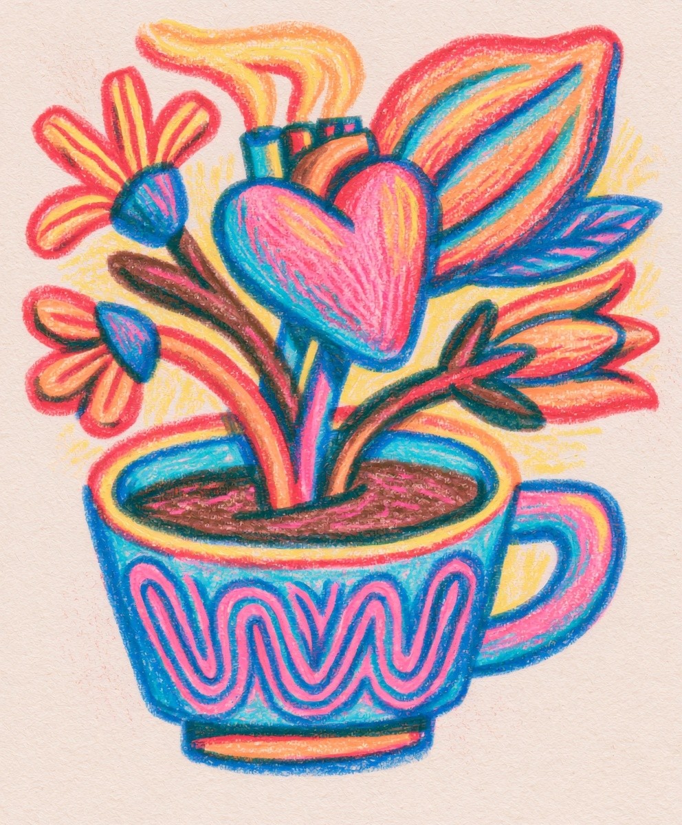 Create a hand-drawn illustration composition made with colorful pencils...