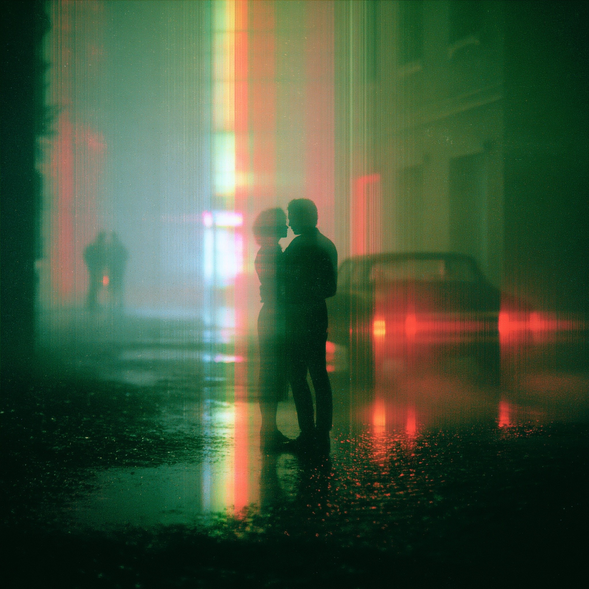 a lone couple embracing under neon lights in a...