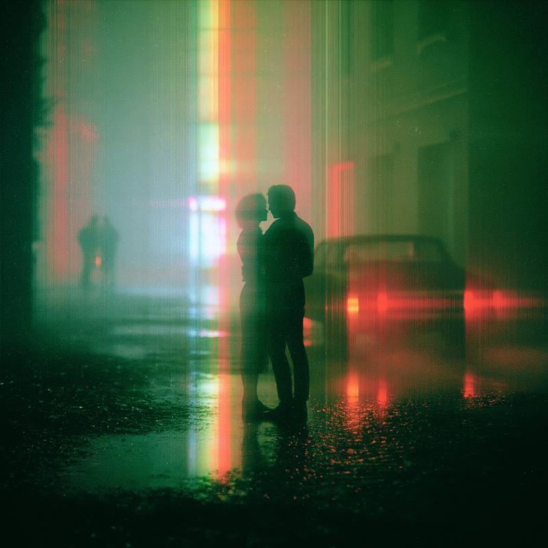 a lone couple embracing under neon lights in a...