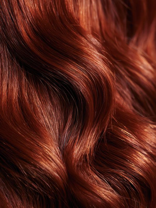 long flowing chestnut red hair wavy strands cascading from...