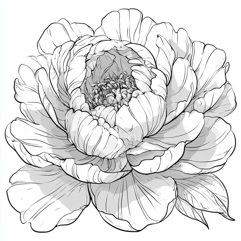 Line art Peony flower in black and white isolated...