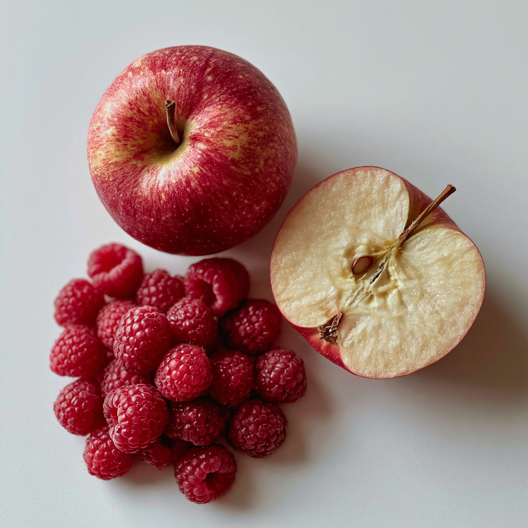 overhead shot on white background of two appels one...