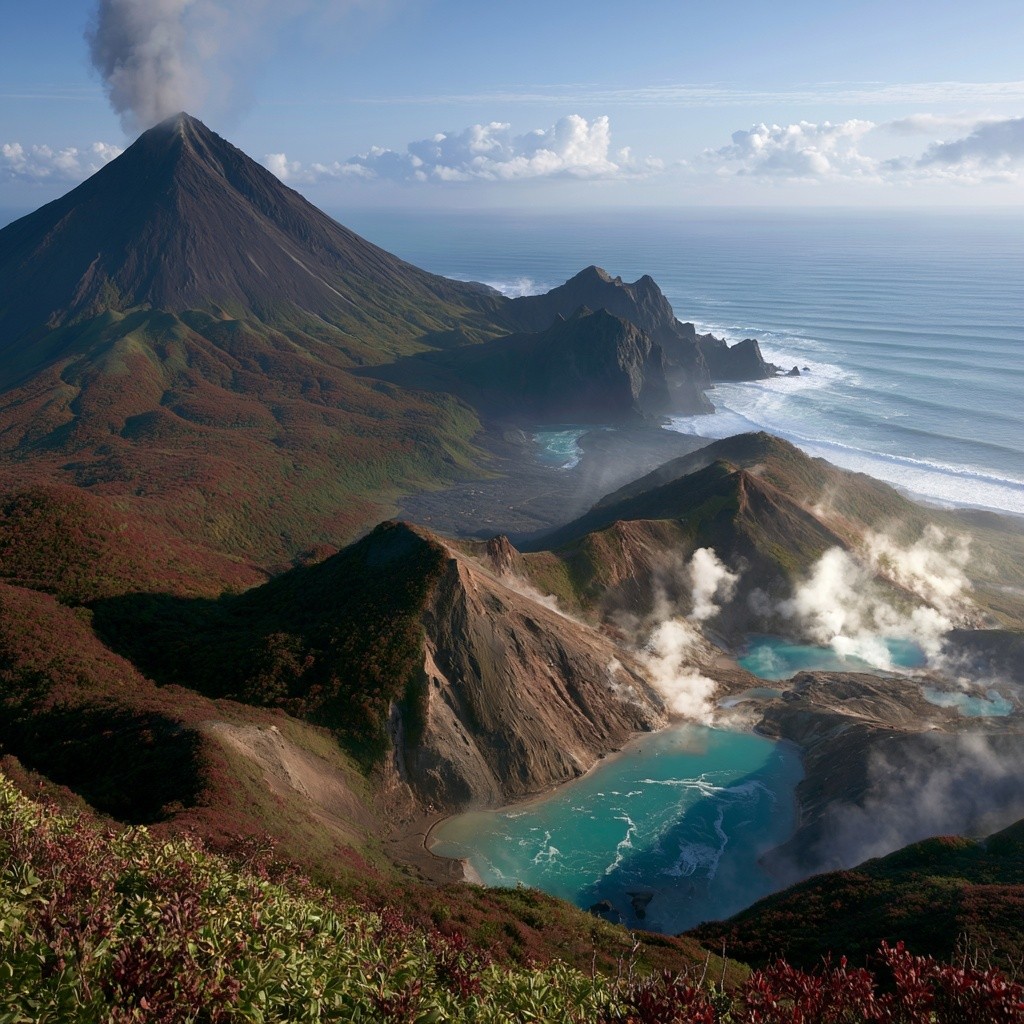 cinematic aerial view over Kamchatka in autumn vast red...