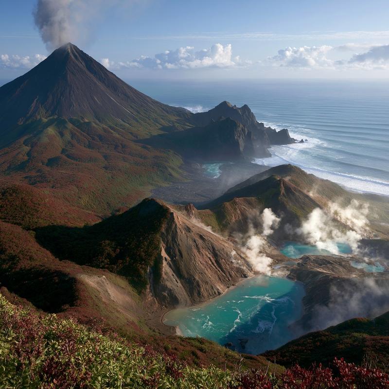 cinematic aerial view over Kamchatka in autumn vast red...