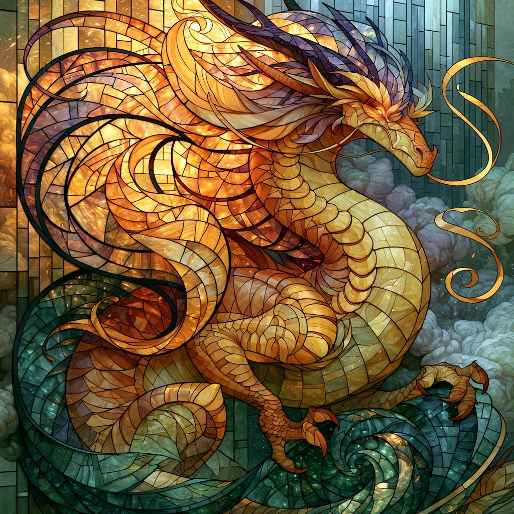 An elegant Eastern dragon weaving through atmospheric clouds designed...