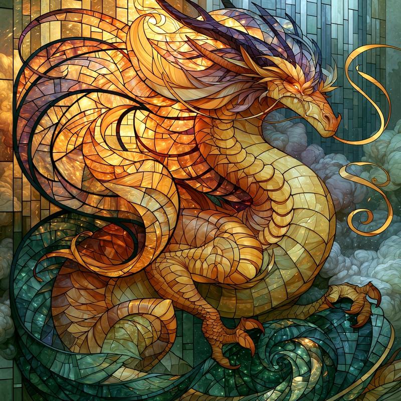An elegant Eastern dragon weaving through atmospheric clouds designed...
