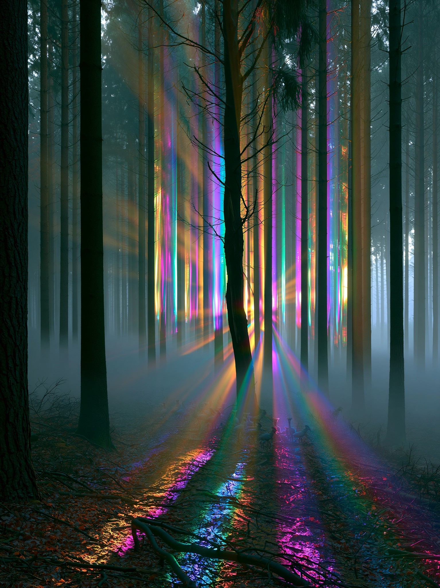 A forest of trees made of prismatic light fog...