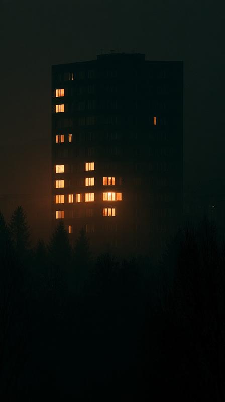 Dark photograph of a modern apartment building with lights...