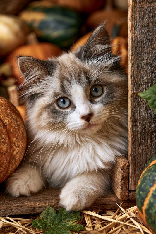 an adorable happy ragdoll kitten peeking out from a...