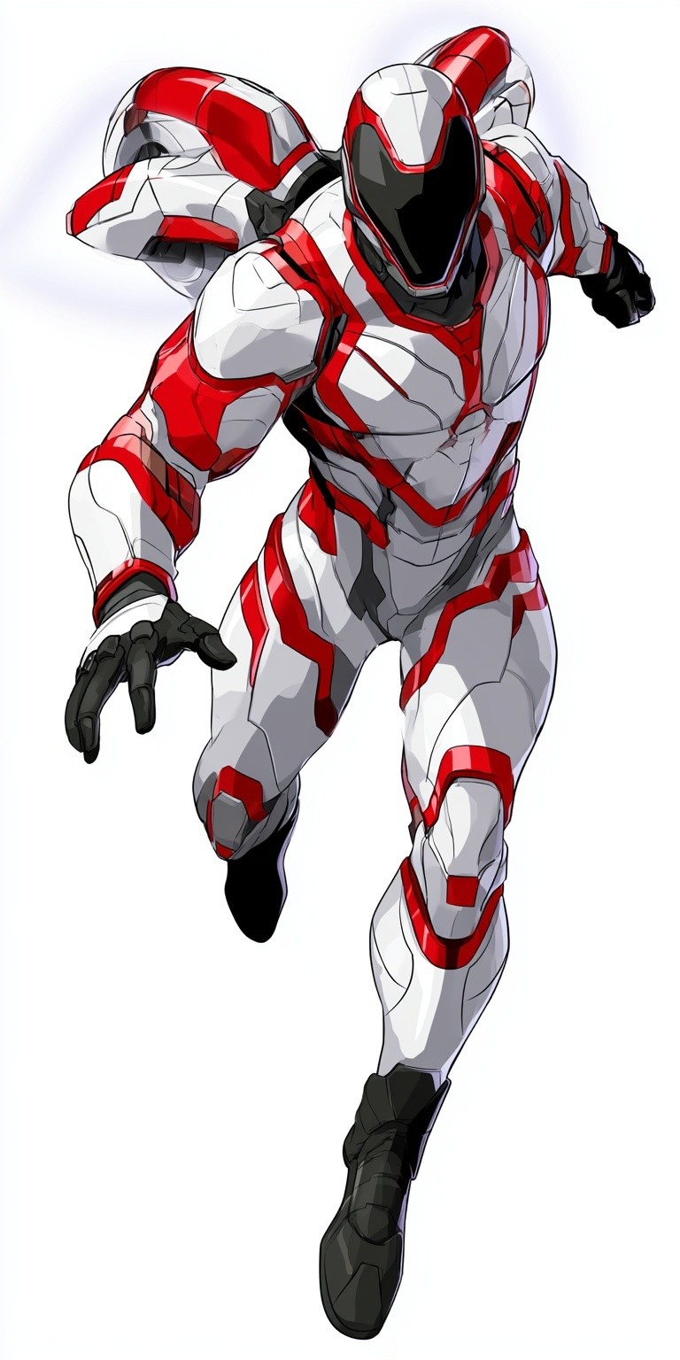 Male superhero in power armor white and red power...