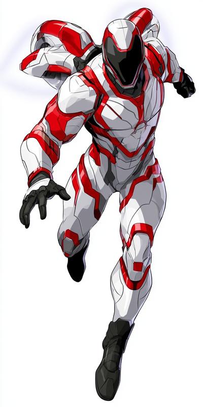 Male superhero in power armor white and red power...