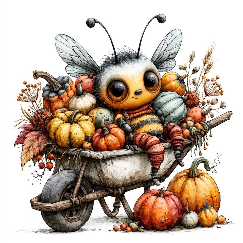 A bee character sitting inside a wheelbarrow full of...