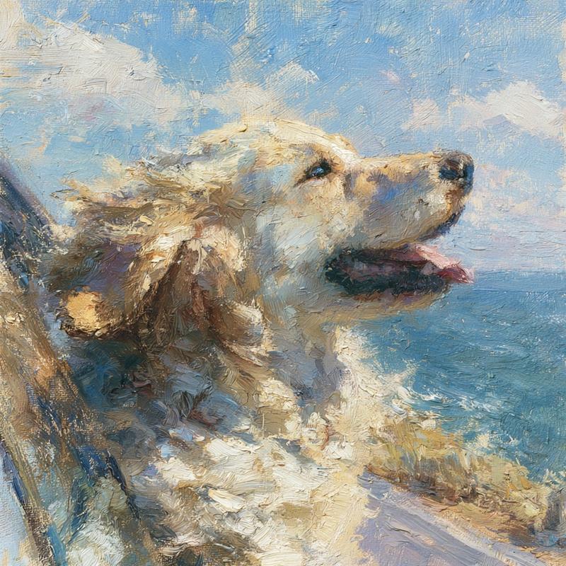 A golden retriever smiles with its nose and tongue...