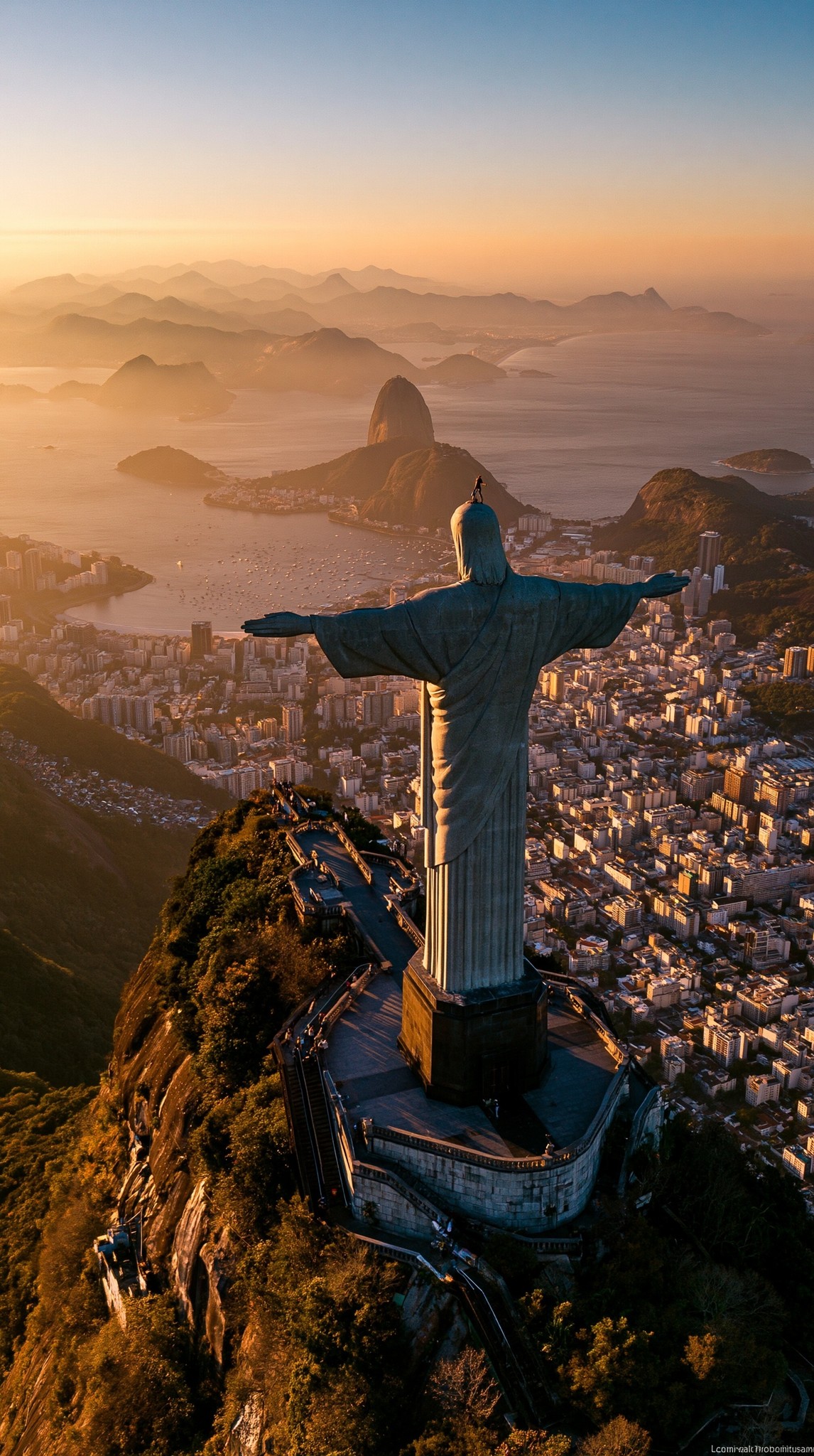 High-altitude aerial photograph of the entire Christ the Redeemer...