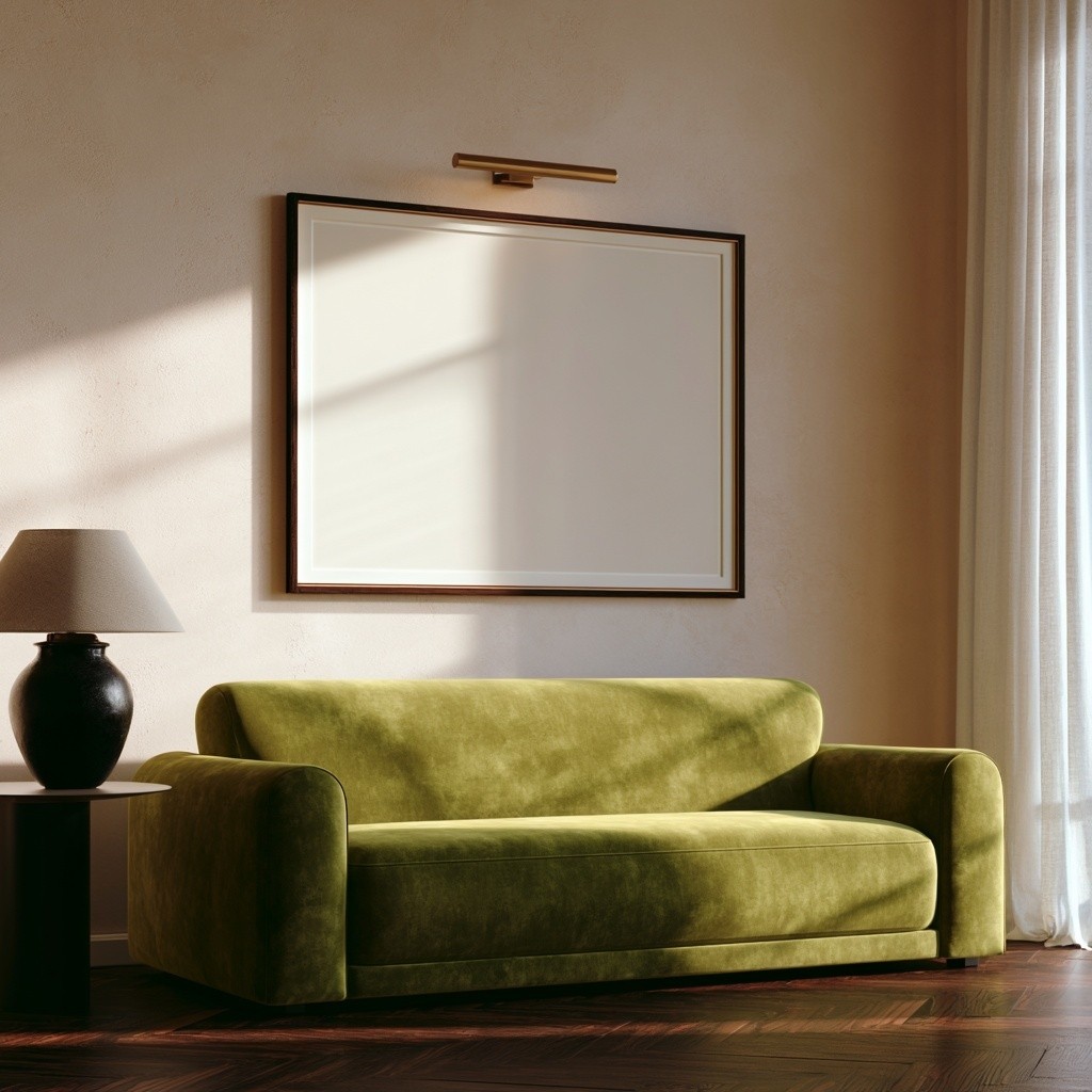 Photorealistic interior photograph of a warm minimalist living room...