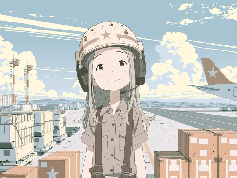 ミニマリスト アニメ 女性 くすんだパステルカラー 航空貨物エリアの従業員 ヘルメット着用 背景には滑走路とULDコンテナ...