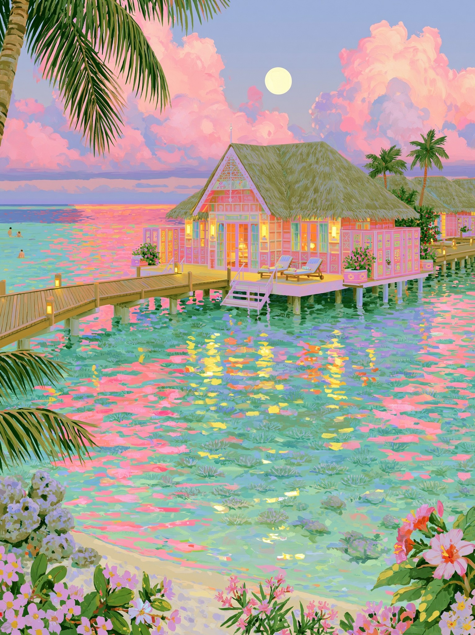 dreamy Maldives overwater bungalow sanctuary close cinematic view of...