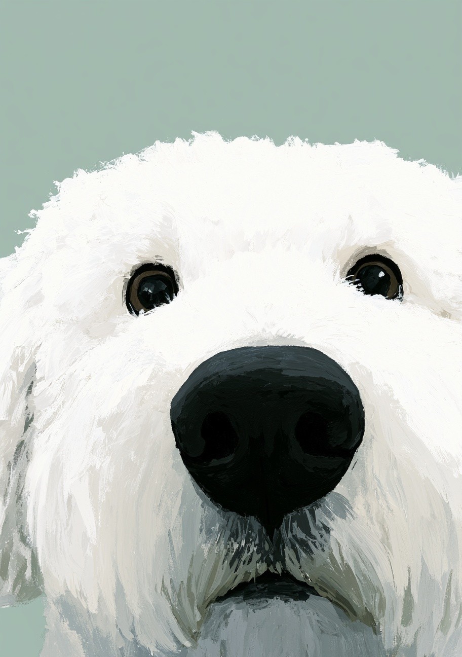Minimalist dog portrait curious white bichon frise dog looking...