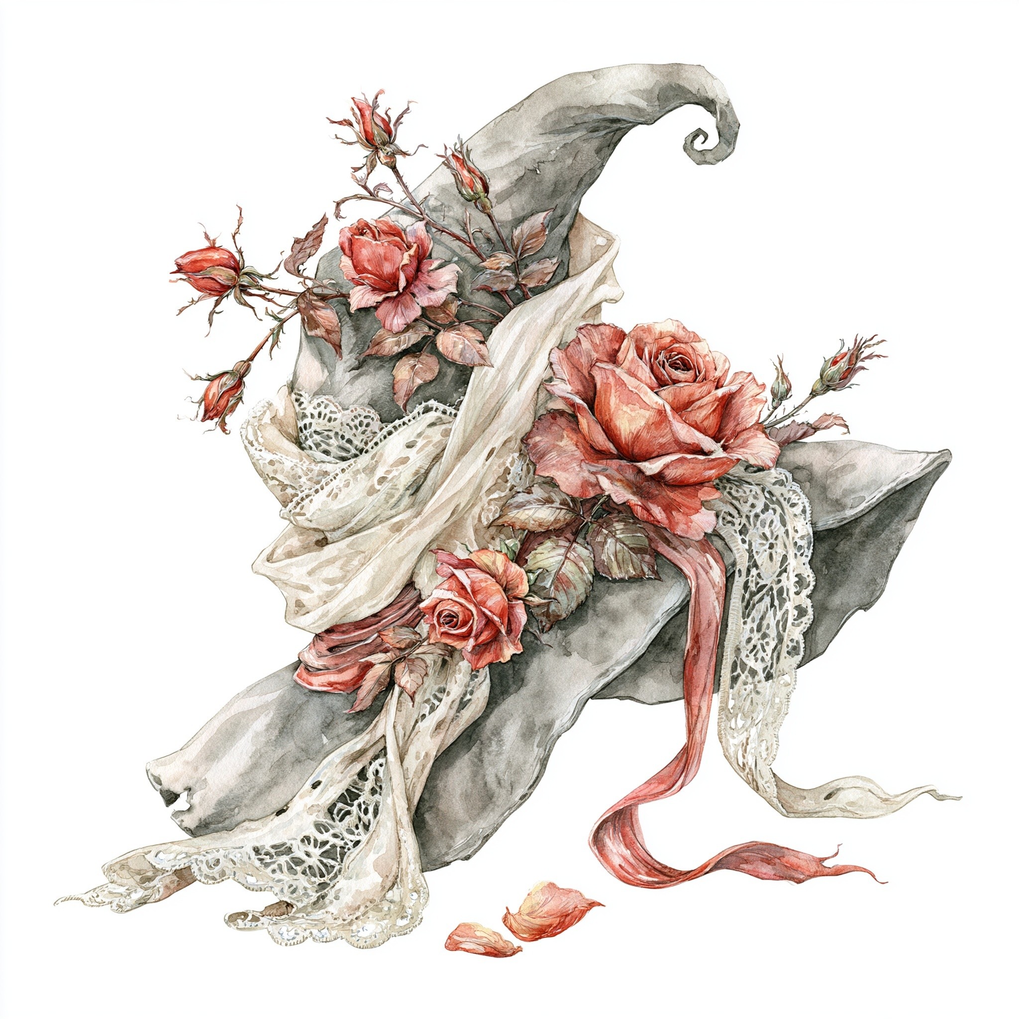 witch hat decorated with red roses and lace ribbons...