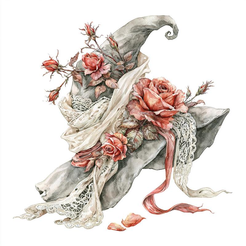 witch hat decorated with red roses and lace ribbons...