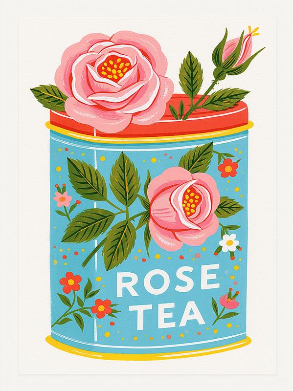 Preppy tea tin with ROSE TEA text on tin...