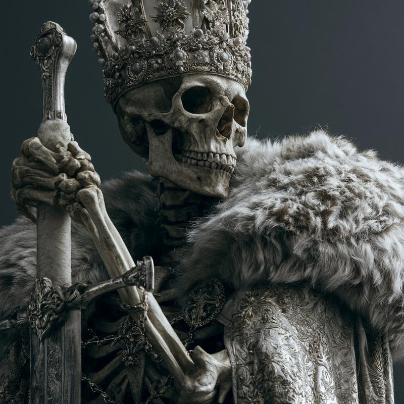 photorealistic photography of a king skeleton holding his sword...