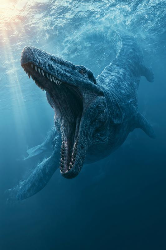 Enormous Mosasaurus attacking upward through clear blue prehistoric water...