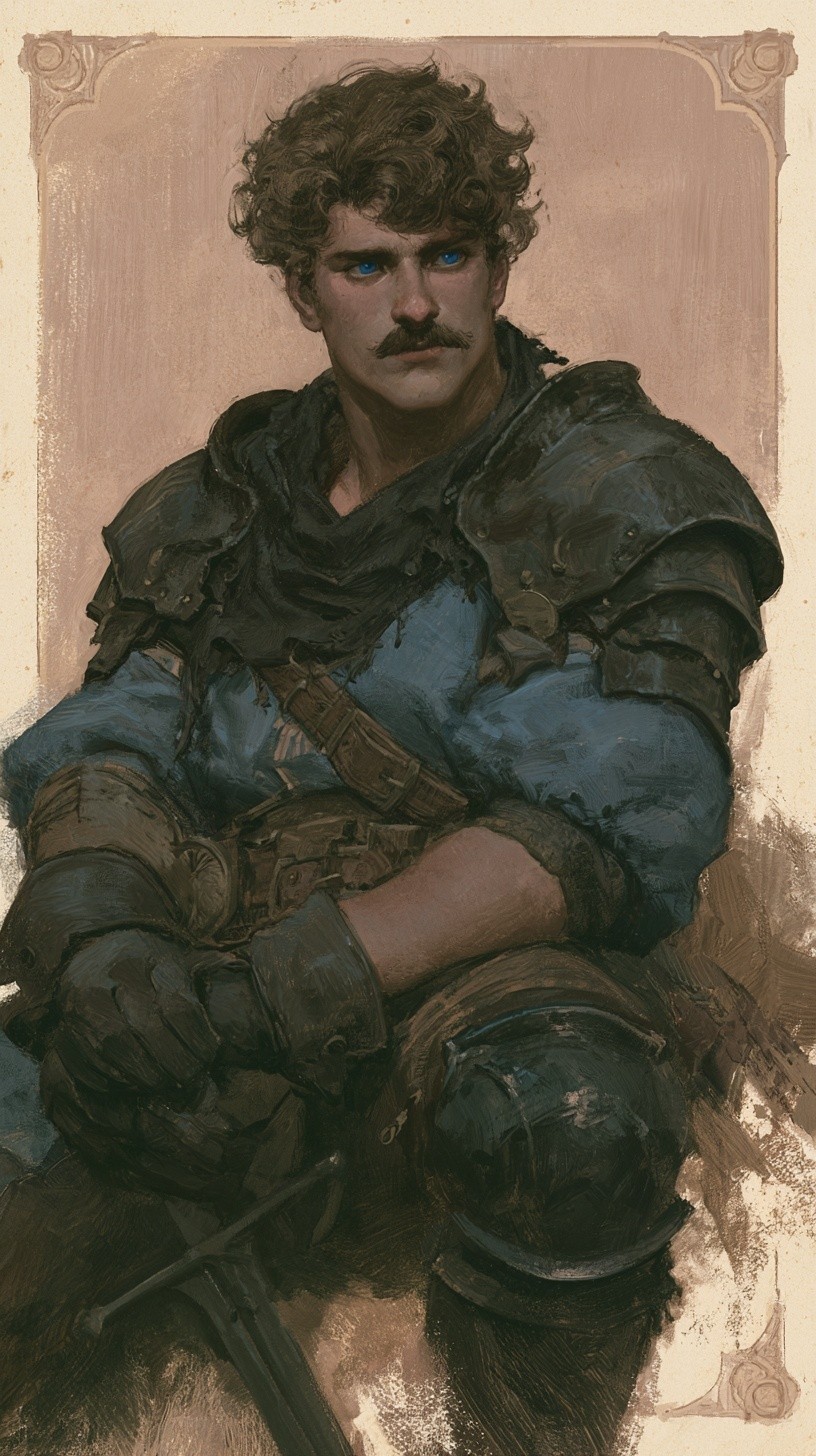 a digital painting of a man with curly brown...