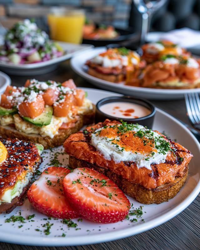 A close-up of brunch on a restaurant table It...