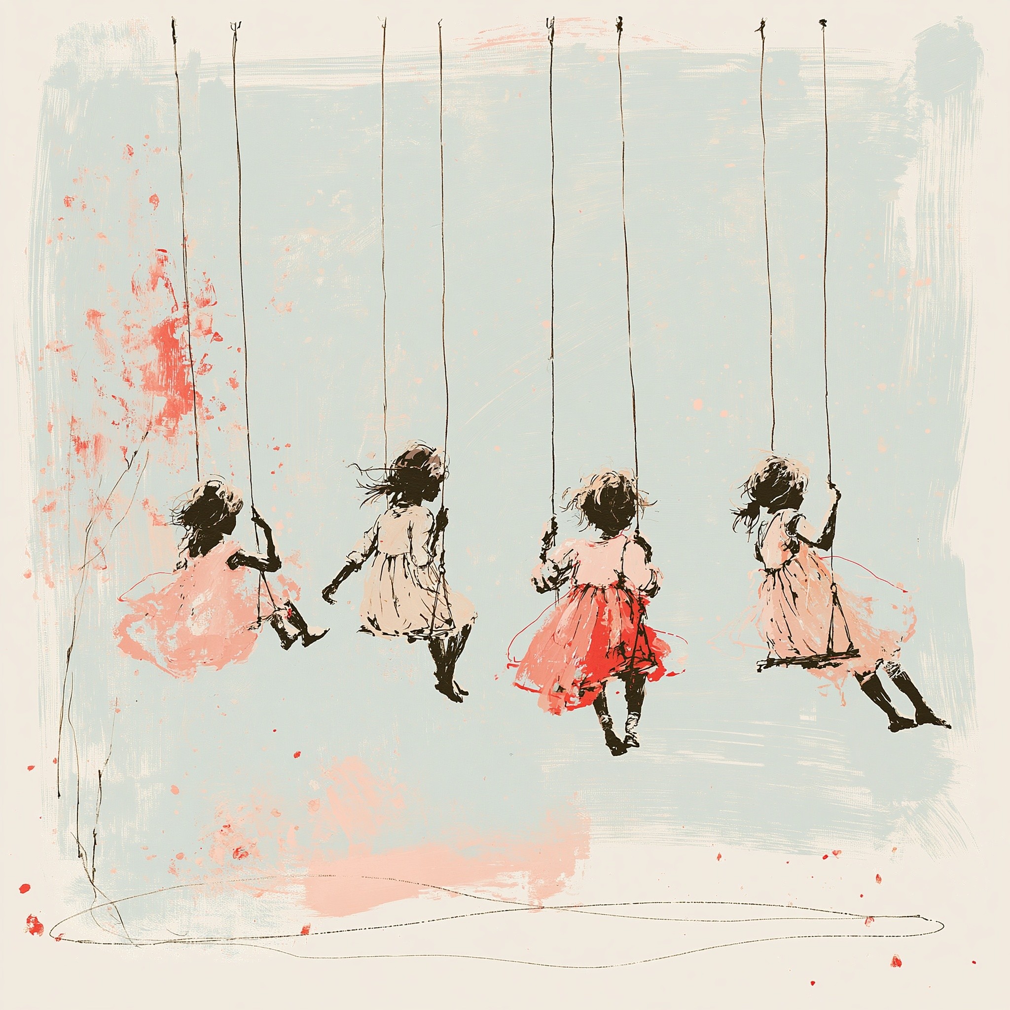 silhouette of four girls swinging on a swing set...