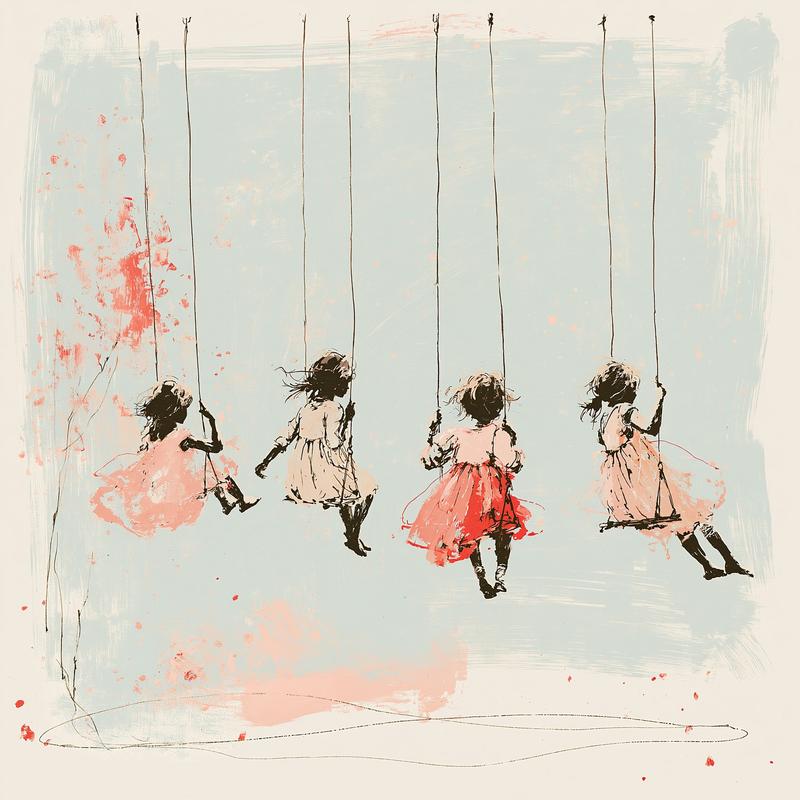 silhouette of four girls swinging on a swing set...