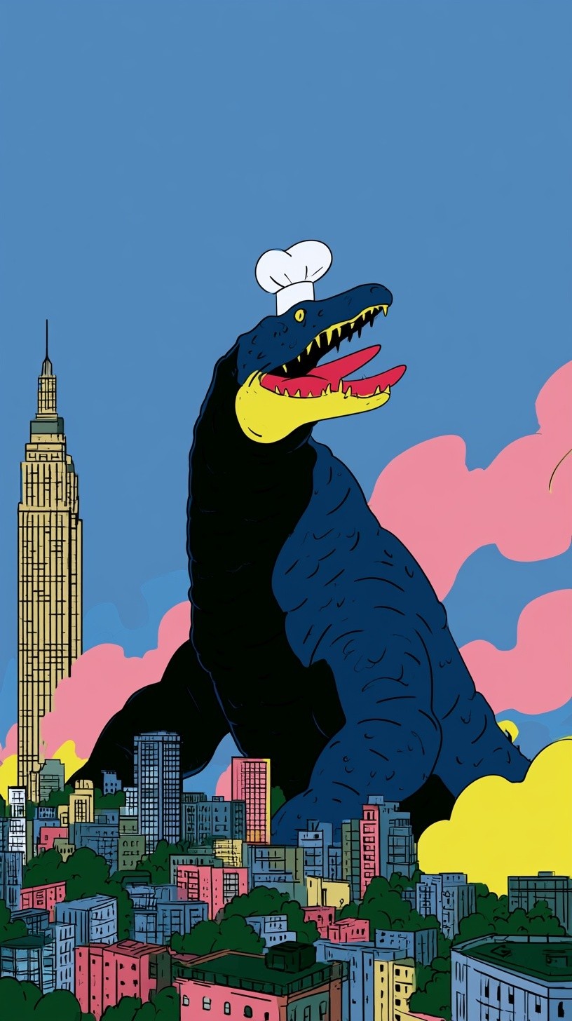 a giant kaiju in a cute chef's hat attacking...