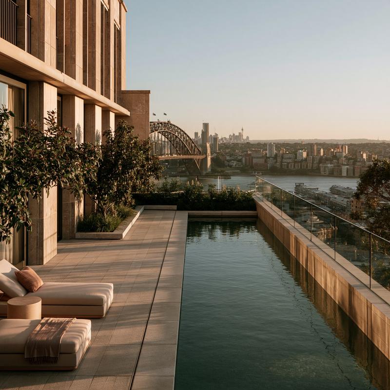 closeup of pool looking out onto sydney harbour bridge...