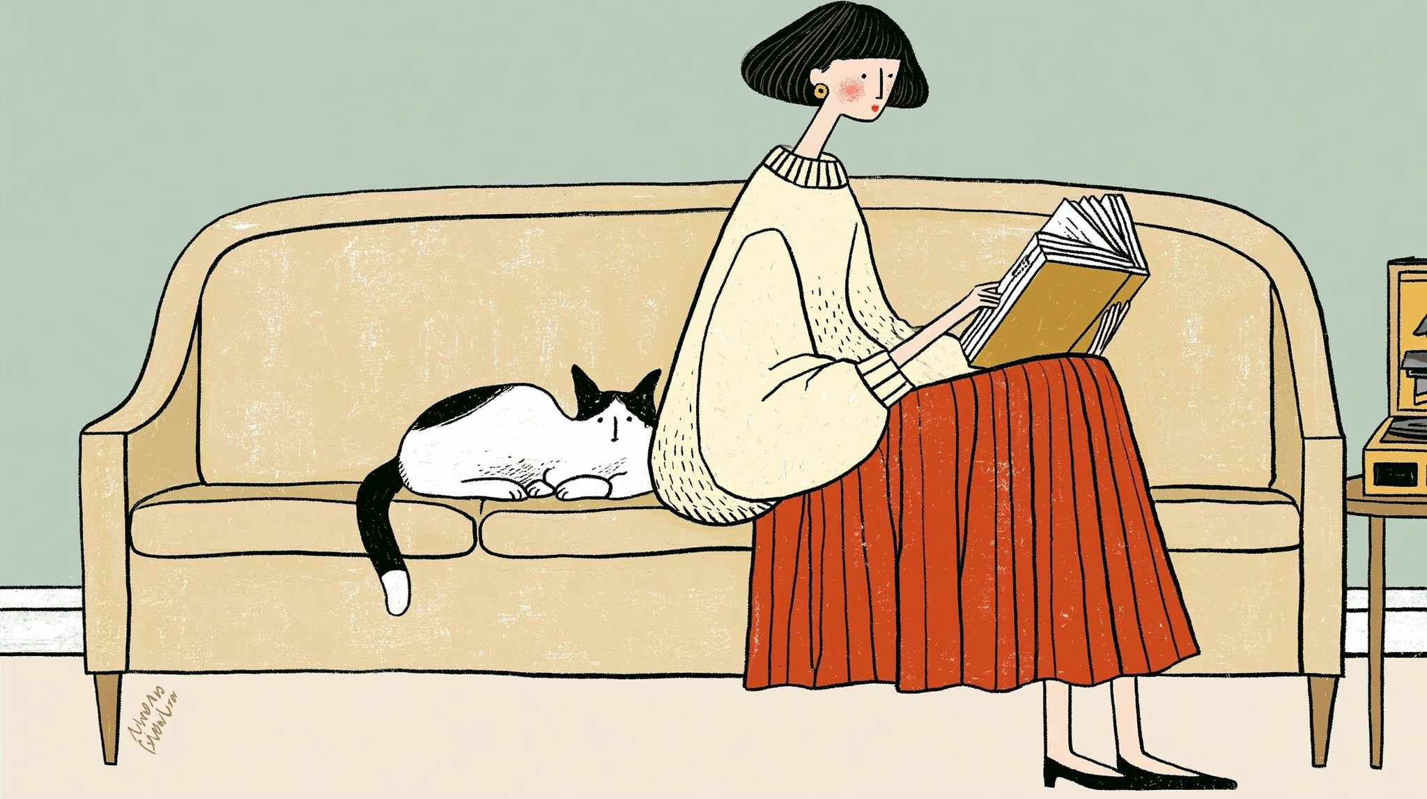 naive hand-drawn editorial illustration of a woman sitting on...