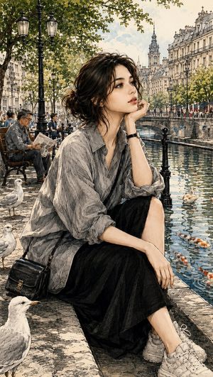 水彩与墨线巴黎插画