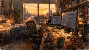 日落时分的程序员卧室工作室