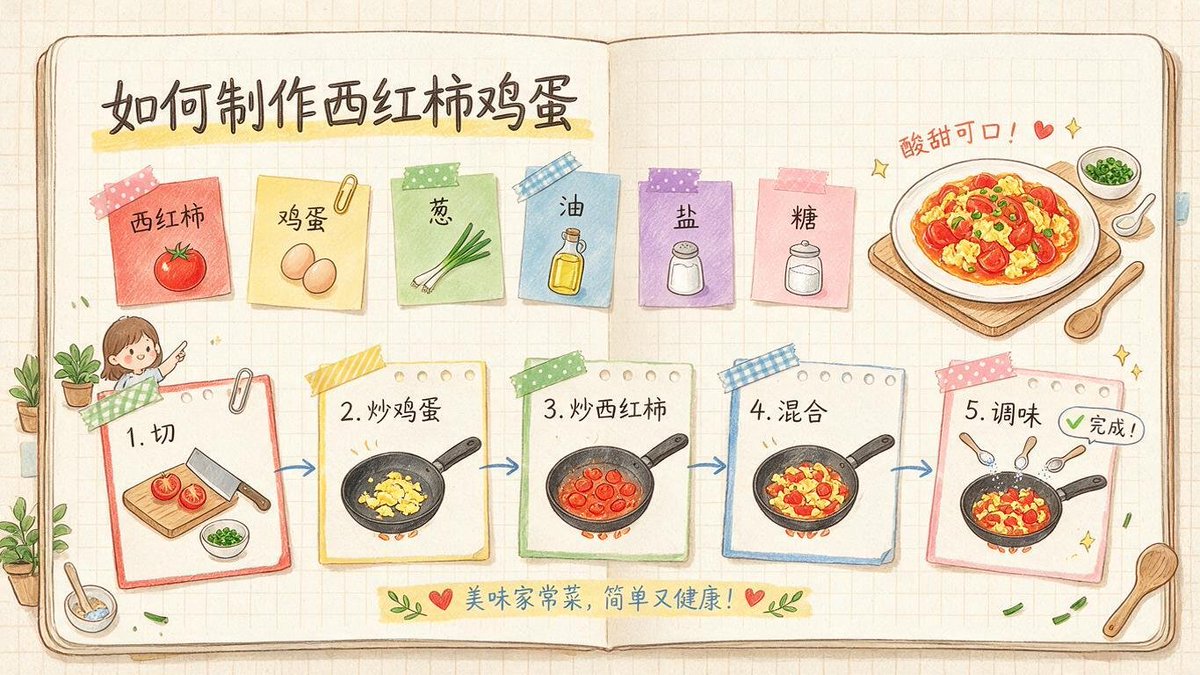手绘风西红柿炒鸡蛋食谱信息图