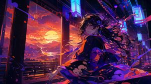 霓虹日落和服少女